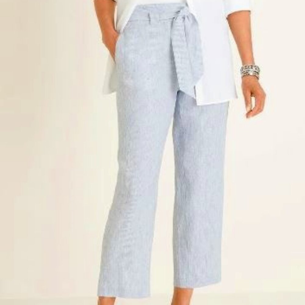 NWT Chico's Striped Linen Tie Waist Belted Crop Pant Women's Size 2.5 (14)